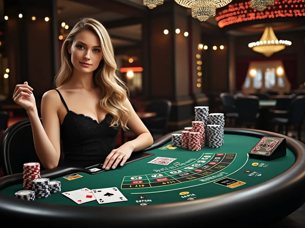 Ruang kasino live dengan dealer di meja permainan